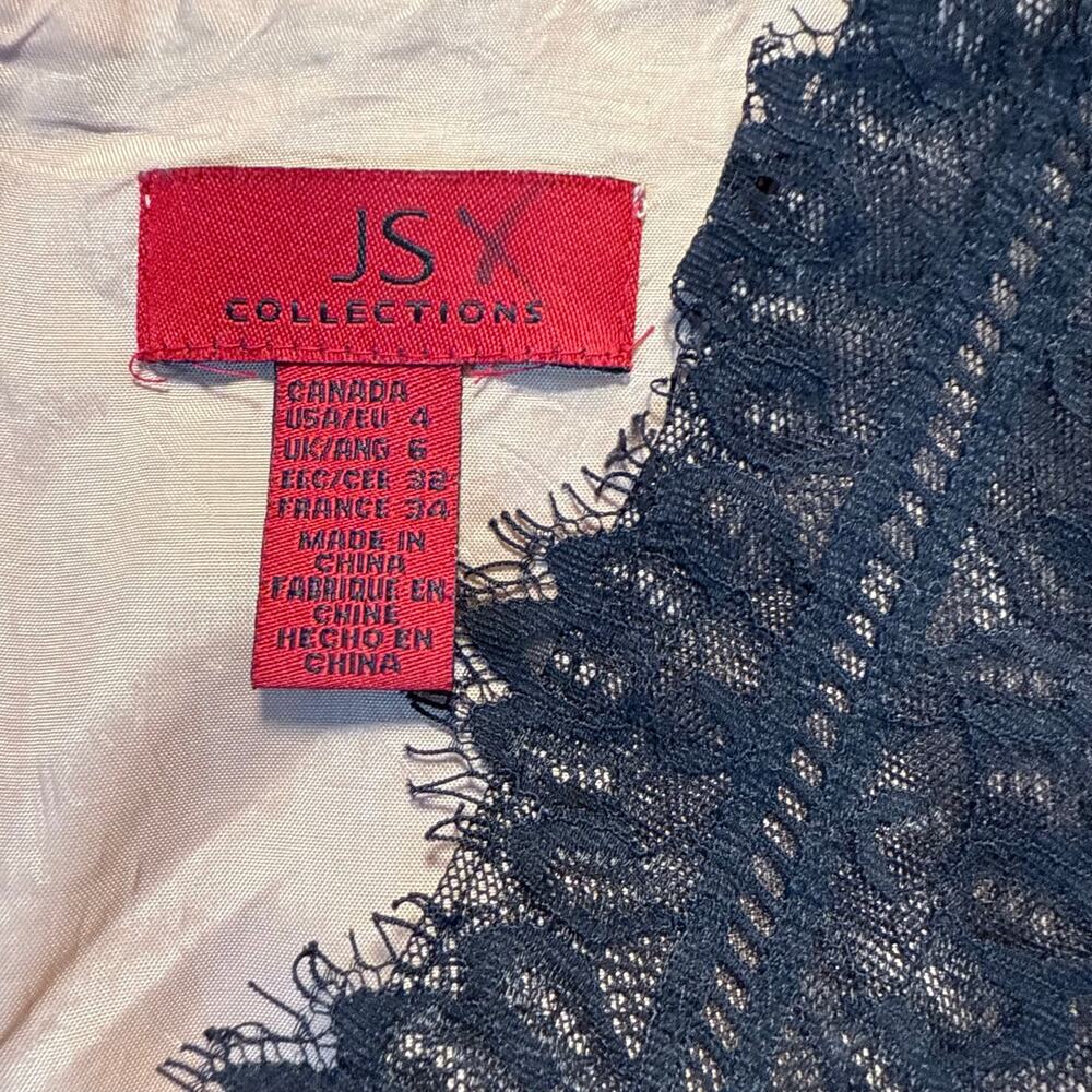 JS Collections Black Lace Tan Illusion Stripe Cocktail Party A Line Dress Size 4 - Picture 7 of 10